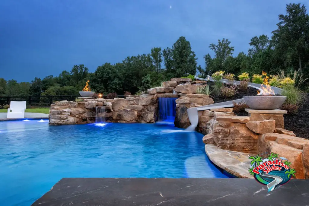 Home Pool Slide, Custom Pool Slide, Inground Pool Slide, Inground Swimming Pool, Pool Fire Bowls